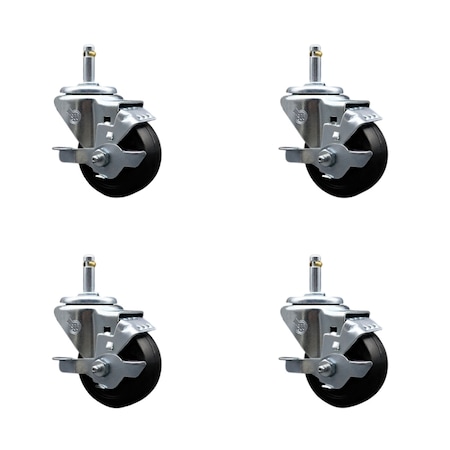 Service Caster 3'' Soft Rubber Wheel Swivel 7/16'' Grip Ring Stem Caster Set with Brake, 4PK SCC-GR20S314-SRS-TLB-716138-4